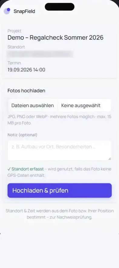 SnapField auf dem Smartphone mit Demo-Daten: Fotos eines Einsatzes hochladen